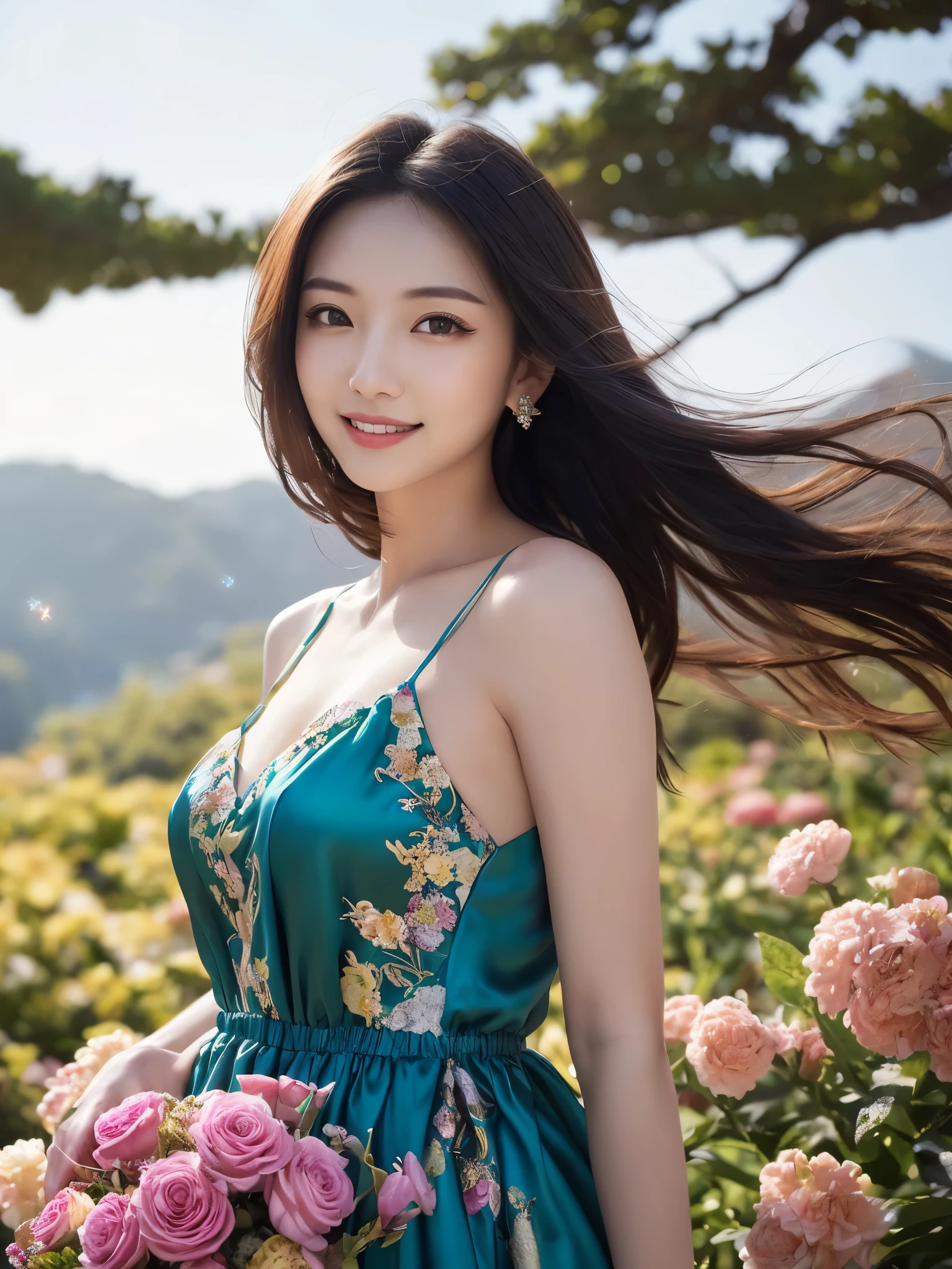 femele, Solo, Upper body, Silk dress, florals畑, florals, Wind blowing through, Flowing hair ,Dynamic Angle, (floating colorful sparkles:1.1) , Elegant, Ultra-detailed face, Detailed eyes, Shiny skin, Lustrous lips ,(Official art, Unity 8k壁纸, ultra-detailliert, Beautiful and aesthetic, masutepiece ,Best Quality:1.Phototriaritic:1.3),Natural smile