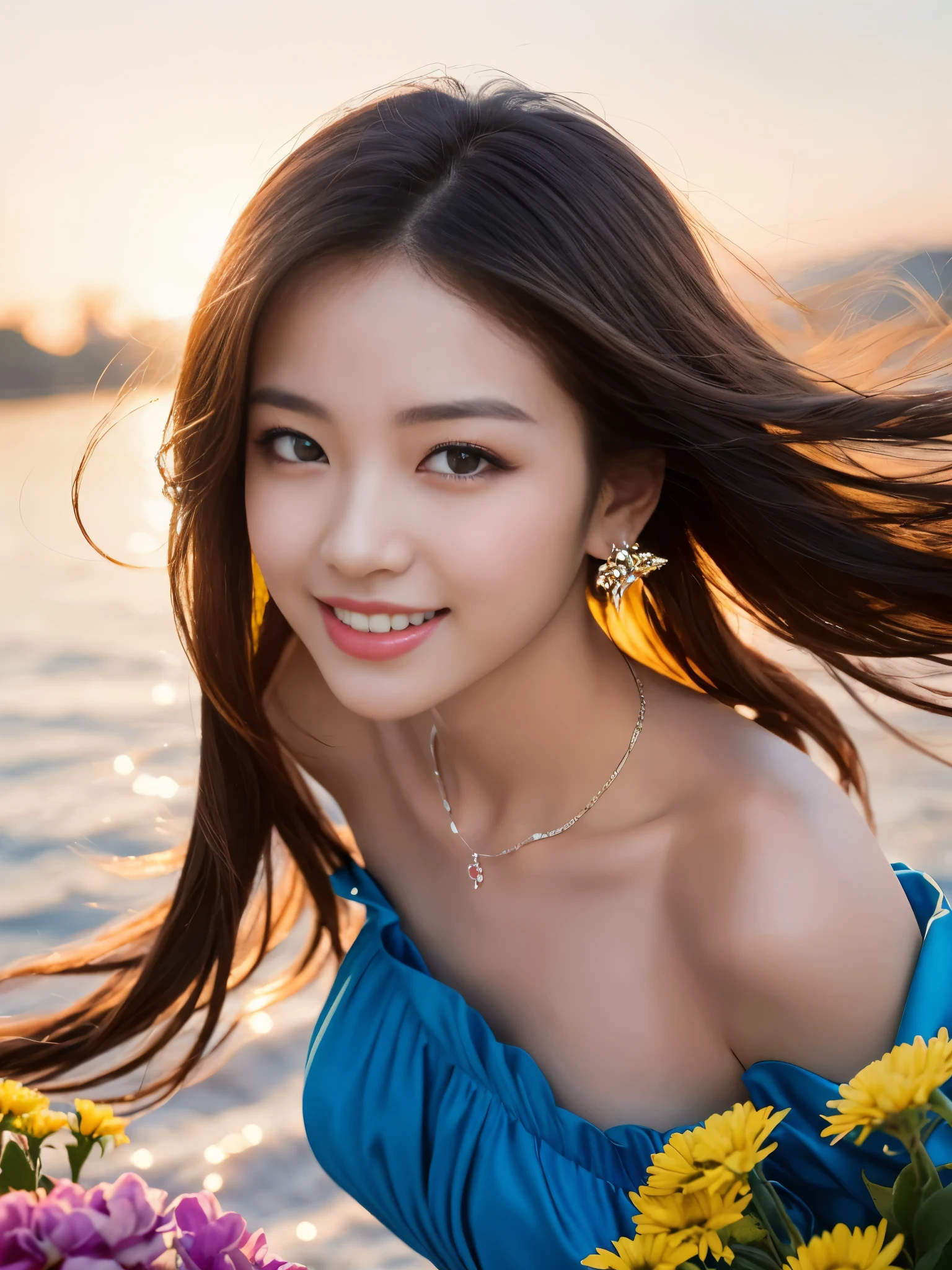 femele, Solo, Upper body, plain silk holder neck dress, florals畑, florals, Wind blowing through, Flowing hair ,Dynamic Angle, (floating colorful sparkles:1.1) , Elegant, Ultra-detailed face, Detailed eyes, Shiny skin, Lustrous lips ,(Official art, Unity 8k壁纸, ultra-detailliert, Beautiful and aesthetic, masutepiece ,Best Quality:1.Phototriaritic:1.3),Natural smile
