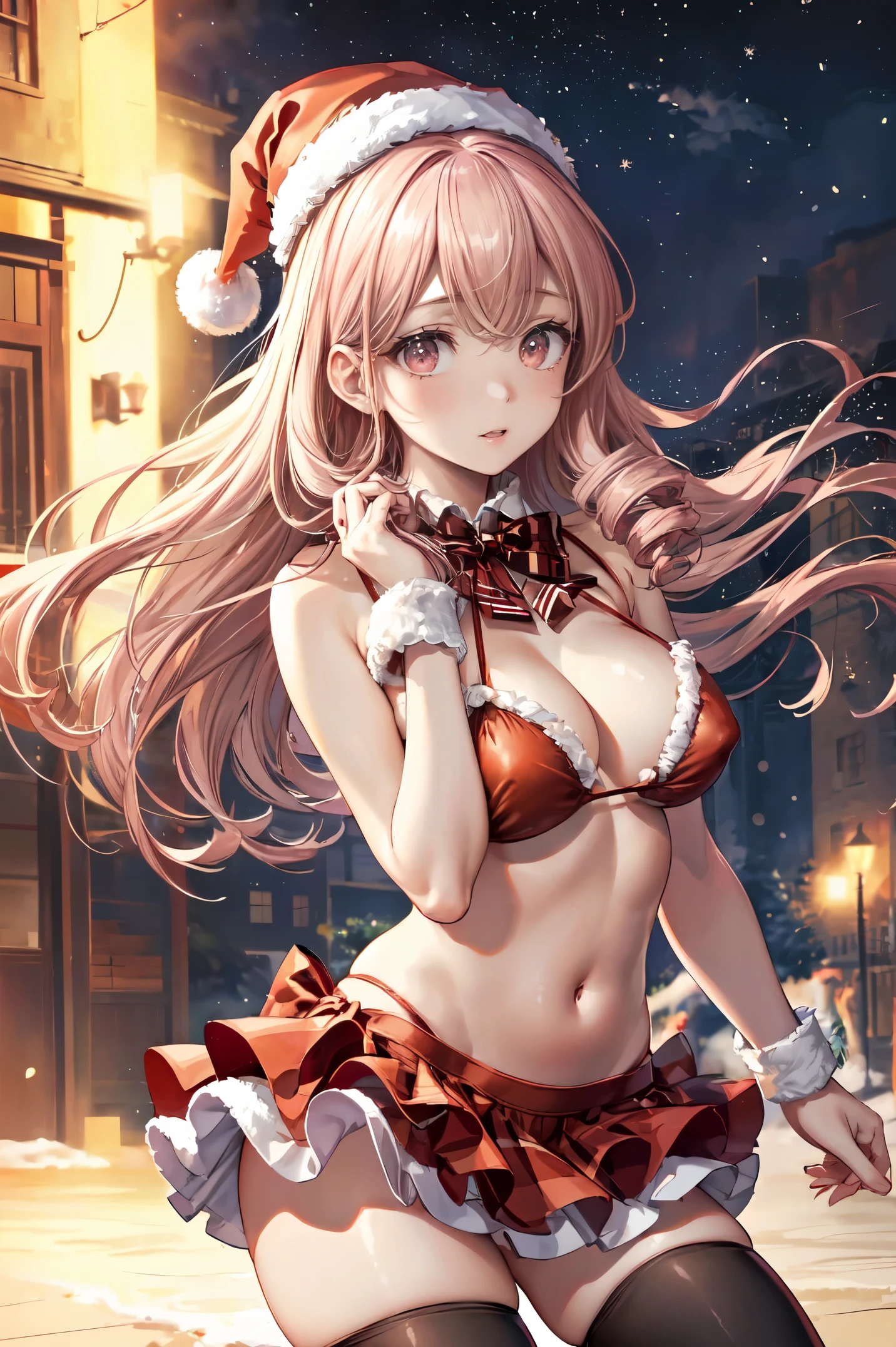 （in 8K, Best Quality, masutepiece:1.2)、超A high resolution,1 17-year-old female, Beautiful Art Style, ((Detailed eyes, Beautiful eyelashes, Realistic eyes)), ((Detailed face)), ((Smooth texture, Realistic texture, Photorealistic)), Perfect body,dle,santa,(santa swimwear:1.3),red checkered swimwear,white knee-high socks,(zettai ryouiki:1.3),navel,red checkered layered skirt,cuffs,checkered santa hat,bow tie,Pink beige hair,drill hair,独奏、evening,alley