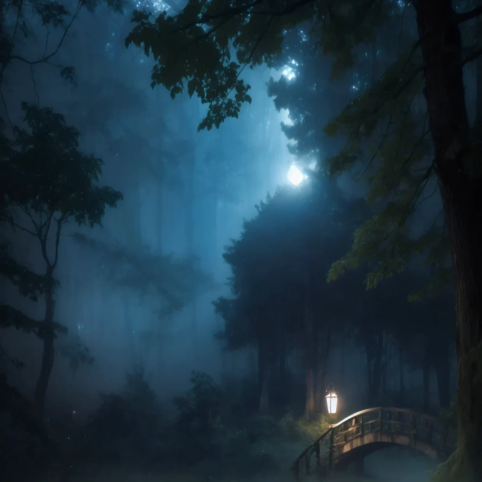 Misty forest at night, mysterious, enchanted scene, magical scene