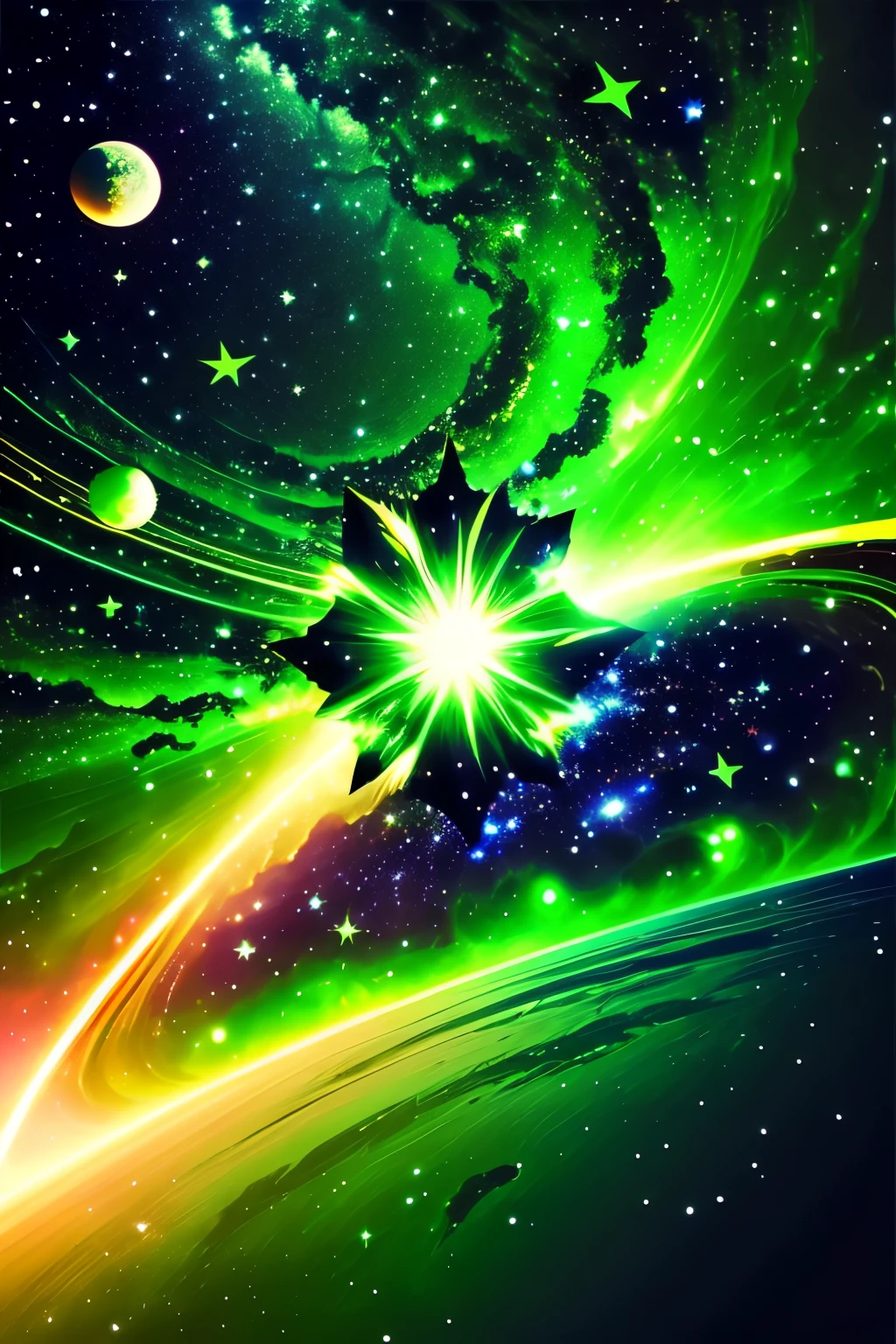 flashing green star exploding in space surrounded by green planets and moons