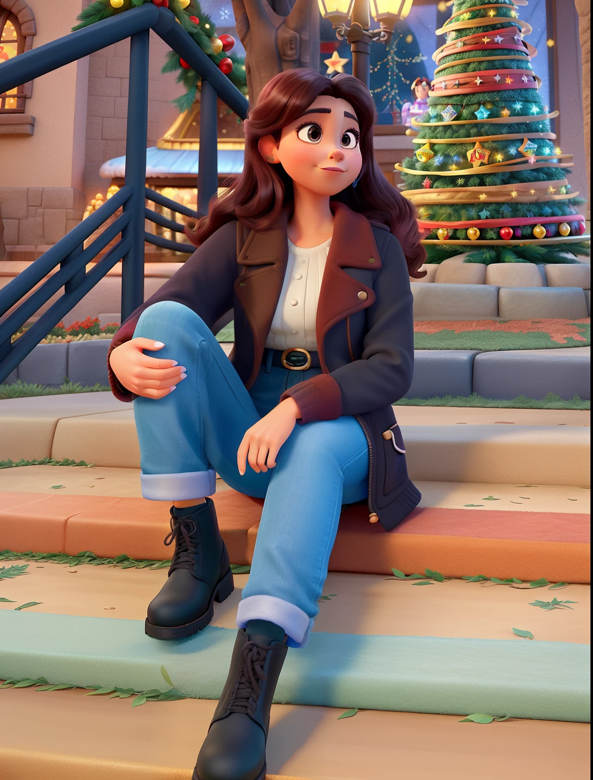 Imagen estilo Disney Pixar de la mas mejor calidad. a woman in front of a Christmas tree, la noche, With a tree in the background and flashing lights., Temporada de vacaciones, mujer feliz, cara estilo disney