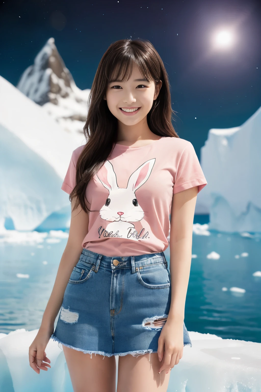 ((masutepiece:1.4, Best Quality)), (photos realistic:1.4), ((1girl in)), ((10yaers old)),
(超A high resolution:1.2), Extremely delicate and beautiful, amazing, tome'It's okay, the Extremely Detailed CG Unity 8K Wallpapers, Ultra-detailed, High resolution, Soft light,
Beautiful detailed girl, extremely detailed eye and face, beautiful detailed nose, Beautiful detailed eyes,
(Wearing a bright pink T-shirt、Print a simplified illustration of a rabbit for children。:1.5), (Denim skirt:1.3), ((thighs thighs thighs thighs)), Lustrous black hair,
Cinematic lighting, Perfect Anatomy,
Slender body, (Standing in front of an iceberg in Antarctica at night:1.3), (Aurora Borealis in the Night Sky:1.3), Cute poses, Cowboy Shot, laugh very loud
