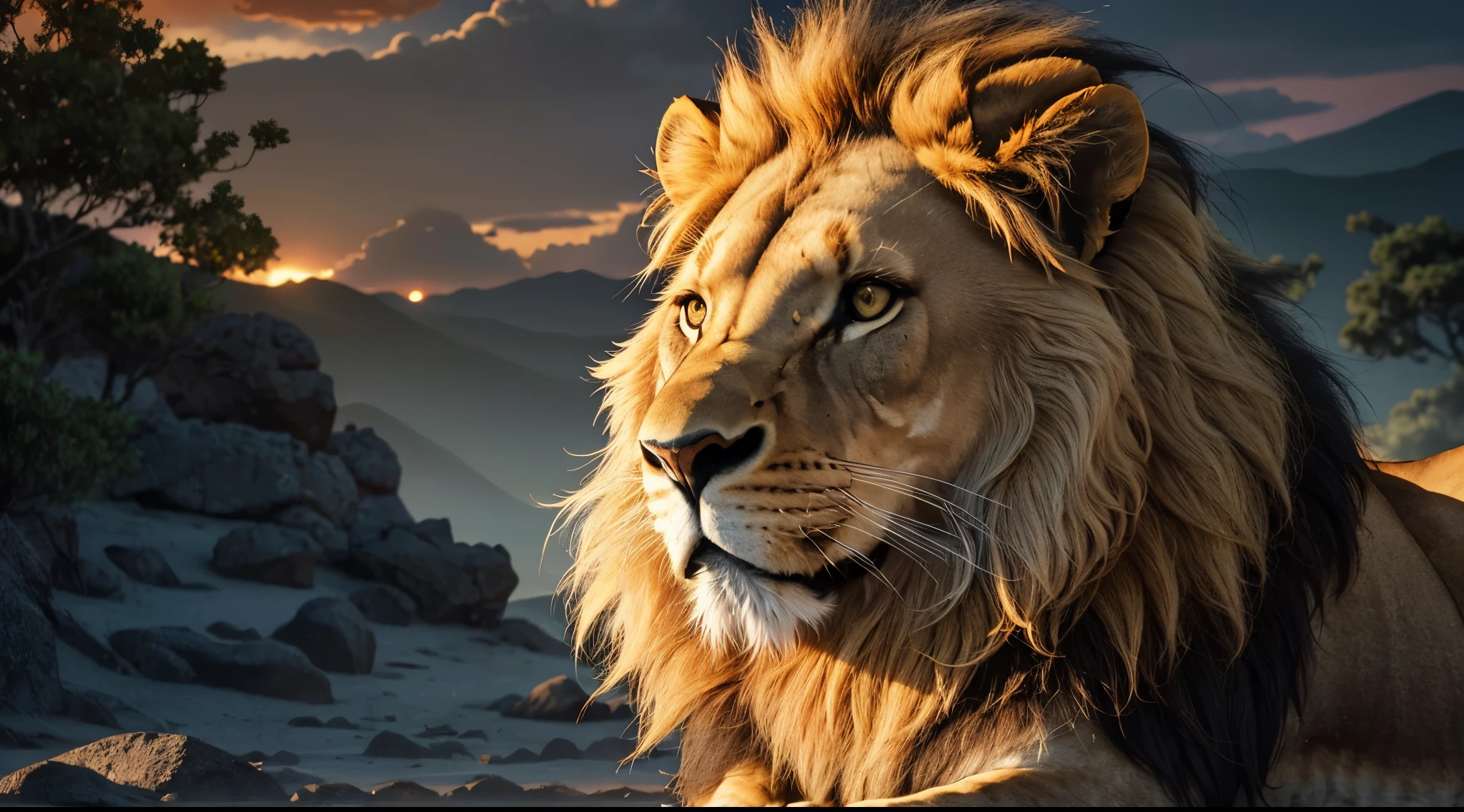 Lion, Divine Lion, Lion King, Lion Majestic, natural, Natureza, renderizado, fotorrealista, UltraHD, 4k, texturasdetalhadas, thunders, sombras detalhadas, cores detalhadas, por do sol, sol se pondo, Sunset, Natureza Linda, Great Divine, por do sol, contraste detalhado, contraste realista, alta resolução, cores detalhadas, fogo, eletricidade, divina criatura, 8k, Detailed Realistic, 16K, 8K, HD, Elegante,
