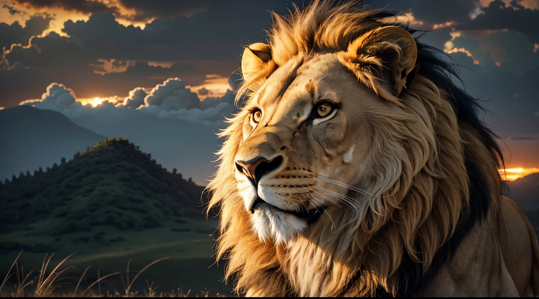 Lion, Divine Lion, Lion King, Lion Majestic, natural, Natureza, renderizado, fotorrealista, UltraHD, 4k, texturasdetalhadas, thunders, sombras detalhadas, cores detalhadas, por do sol, sol se pondo, Sunset, Natureza Linda, Great Divine, por do sol, contraste detalhado, contraste realista, alta resolução, cores detalhadas, fogo, eletricidade, divina criatura, 8k, Detailed Realistic, 16K, 8K, HD, Elegante,