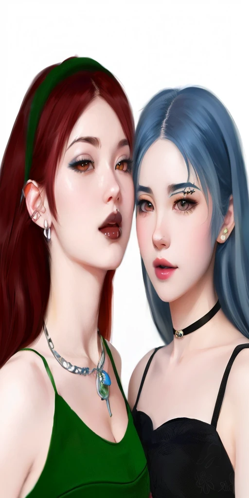Dos mujeres con cabello azul y piercings posan para una foto., realistic artistic style, realismo artstyle, inspirado por Sim Sa-jeong, Estilo de realismo de anime, in the art style of bowater, inspirado por Wang Duo, Nixeu y Sakimichan, realistic anime artstyle, Estilo anime semirealista, Tendencias en artstration