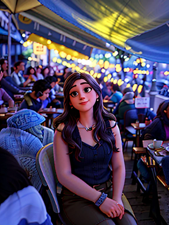 Beautiful French woman sitting and sipping coffee outside the street side in a small café, beautiful face, cabelo preto curto com olhos azuis e sombra pesada, vestindo roupas bonitas e elegantes, grande estilo de moda, looking at you with loving eyes and a soft smile, Background is a European city of the city center, Fundo desfocado, profundidade de campo rasa, Cinematic light, luz suave, retroiluminado, micro-detalhes, fotorrealismo, fotorrealista, cinemactic, 85mm 1.4
