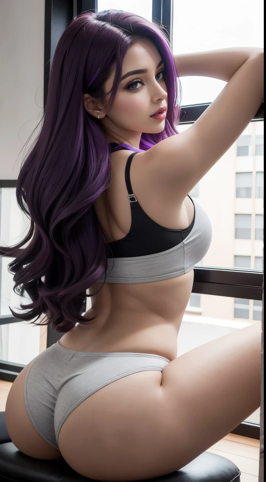 Piel color canela, estatura 1,57,brazos delgados, cintura delgada, cabello corto color morado, ojos color cafes claros,
, piernas bonitas, gordita en un cuarto gamer