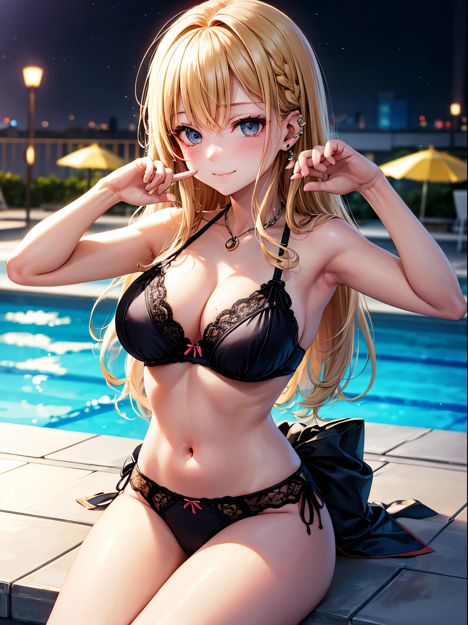 realisitic、top-quality、 1 人、18year old、Fancy Color Hair, blonde,、piercings、Shy face、Fancy underwear、beautiful boob 、selfee、Nyan Nyan Pose、pool 、Particles of light、profetional lighting