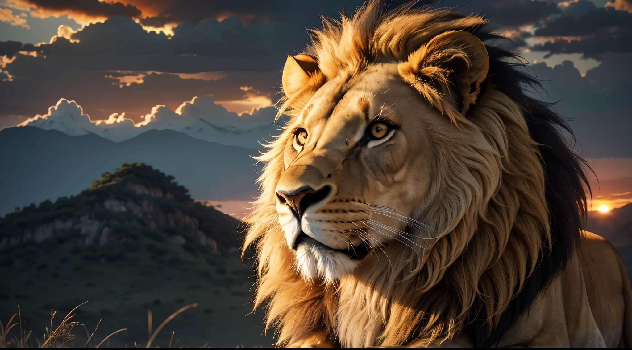 Lion, Divine Lion, Lion King, Lion Majestic, natural, Natureza, renderizado, fotorrealista, UltraHD, 4k, texturasdetalhadas, thunders, sombras detalhadas, cores detalhadas, por do sol, sol se pondo, Sunset, Natureza Linda, Great Divine, por do sol, contraste detalhado, contraste realista, alta resolução, cores detalhadas, fogo, eletricidade, divina criatura, 8k, Detailed Realistic, 16K, 8K, HD, Elegante,