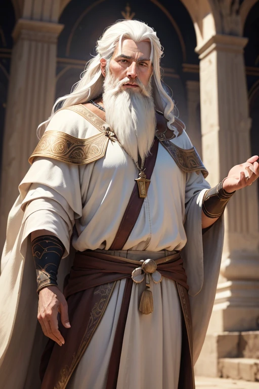 A prophet of biblical times with white hair and a beard looking forward, Realistic 4K