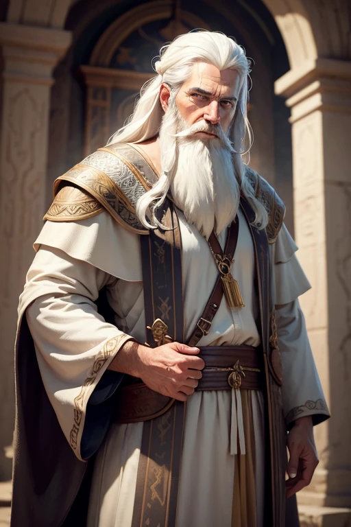 A prophet of biblical times with white hair and a beard looking forward, Realistic 4K