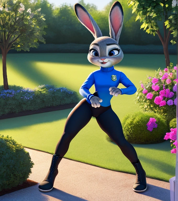 solo, female, small petite, tight black yoga pants, cameltoe, cop long sleeve shirt, black boots, peaceful garden, lonely girl, Judy Hopps, adorable face, angry expression, full body, perfect anatomy, bunny ears, perfect hands, four fingers, beautiful scenery, detailed face, best quality, realistic, ultra-detailed), vibrant colors, soft lighting.