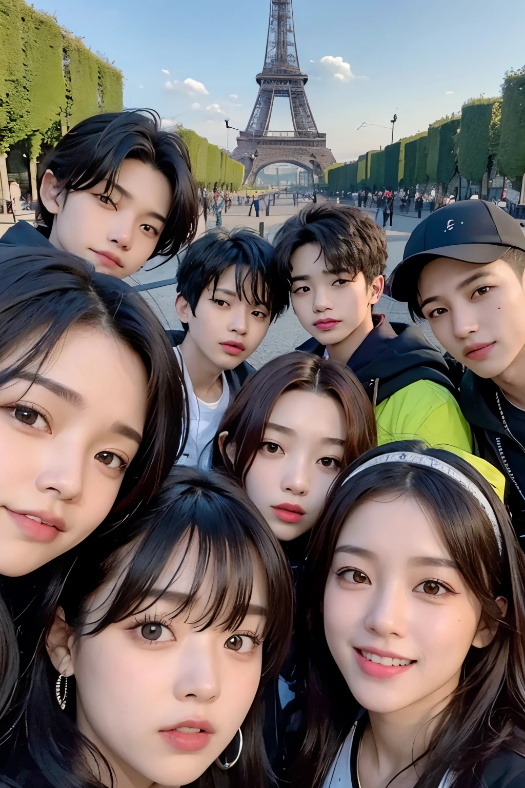 8 members of the group of stray kids in the Eiffel Tower, many details, high resolution, no duplicate faces, the faces of the members of the group of stray kids, only one photo, all members in the photo, one Eiffel Tower, the faces are clear