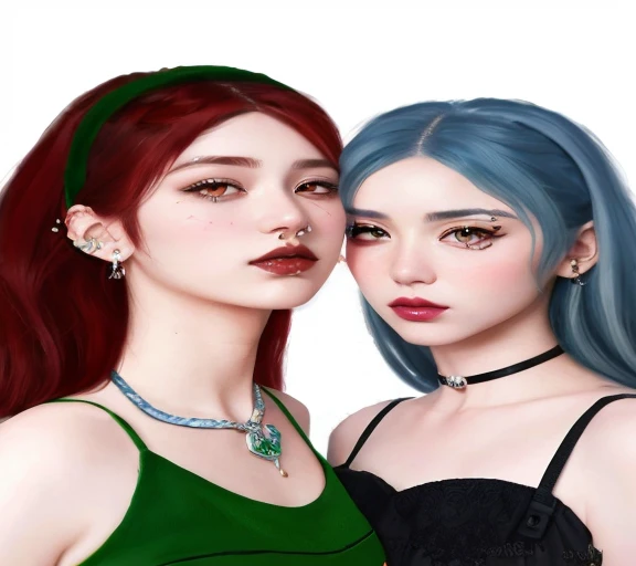 Dos mujeres con cabello azul y piercings posan para una foto., realistic artistic style, realismo artstyle, inspirado por Sim Sa-jeong, Estilo de realismo de anime, in the art style of bowater, inspirado por Wang Duo, Nixeu y Sakimichan, realistic anime artstyle, Estilo anime semirealista, Tendencias en artstration Piercings notorios, piel perfecta, jewely