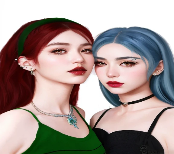 Dos mujeres con cabello azul y piercings posan para una foto., realistic artistic style, realismo artstyle, inspirado por Sim Sa-jeong, Estilo de realismo de anime, in the art style of bowater, inspirado por Wang Duo, Nixeu y Sakimichan, realistic anime artstyle, Estilo anime semirealista, Tendencias en artstration Piercings notorios, piel perfecta, jewely