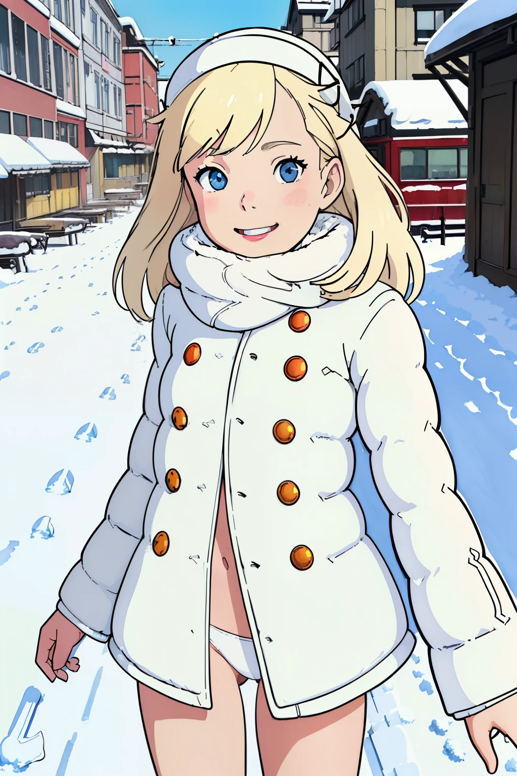 (superflat, flat shading, flat colors:1.1), (winter:1.2), (snow:1.2), (city street), 2girls, ite, lol flat chest, blonde hair, white open jacket, (naked breast:1.2), (white panties:1.2), smile, blush, kissing cheek, selfie, view from below, (low angle), winter, snow, bright sunlight, vibrant colors, best shadows, watercolor, ghibli style