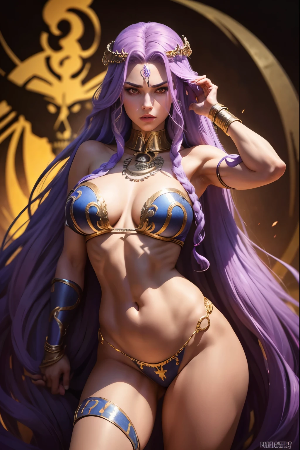 The character will be Medusa, a mulher com cabelo de cobra da mitologia grega, with hands clasped at belly level with a skull in hands, the character's pose will be full-body dynamic.