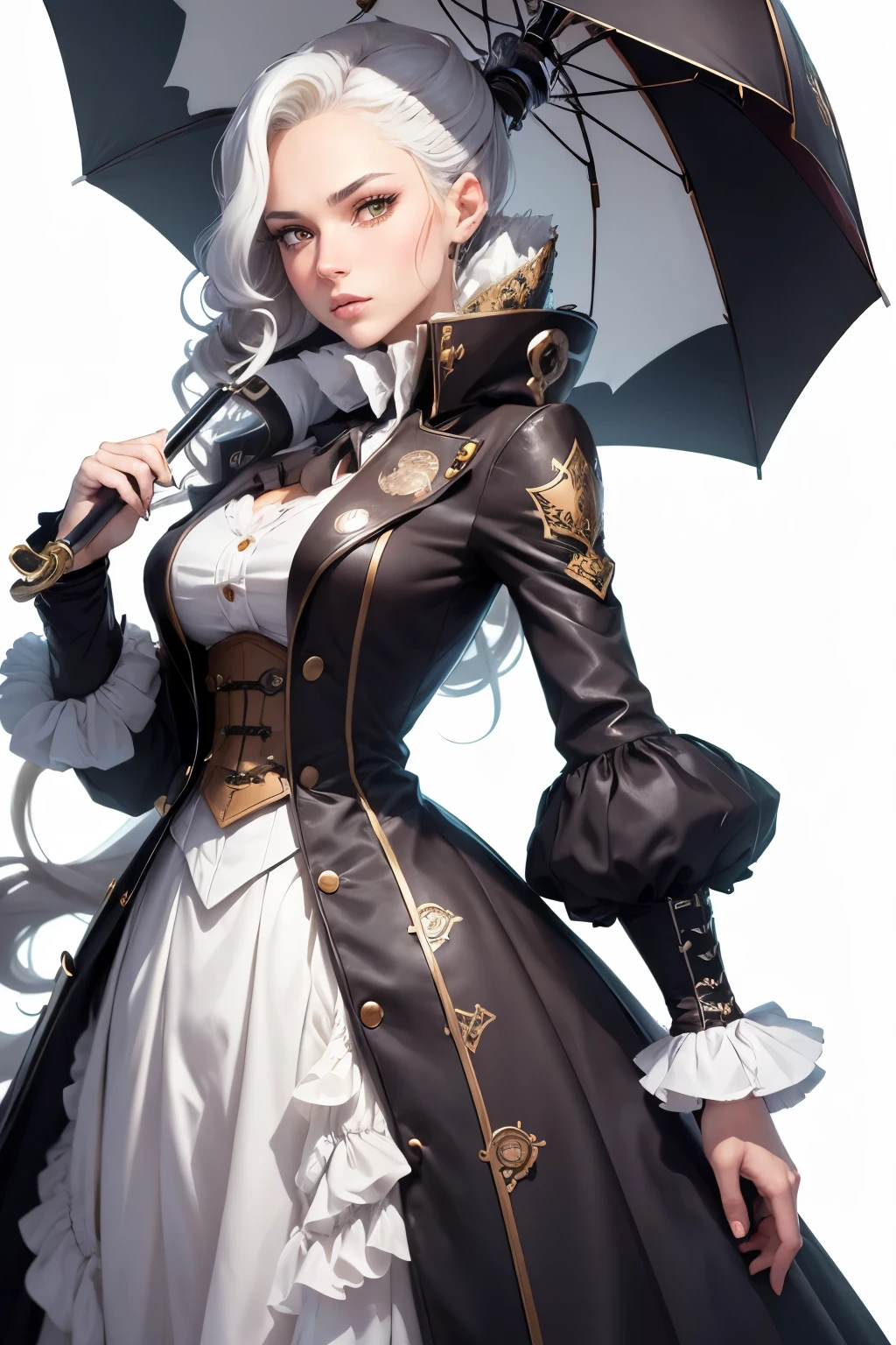 ((tmasterpiece)), (((beste-Qualit))), illustartion, (Character design, same character, frontal view), The woman, light skin, eyes are yellow, Heterochromia, hair light, hairlong, steampunk clothes, holding an umbrella in his hand, waist-high, (whitebackground: 1.3) ,--6
