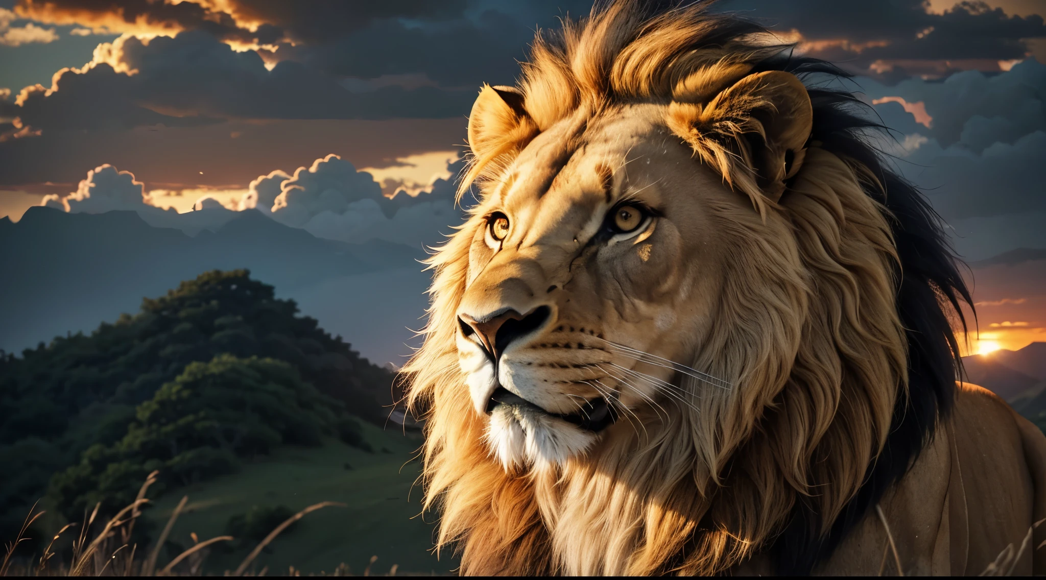 Lion, Divine Lion, Lion King, Lion Majestic, natural, Natureza, renderizado, fotorrealista, UltraHD, 4k, texturasdetalhadas, thunders, sombras detalhadas, cores detalhadas, por do sol, sol se pondo, Sunset, Natureza Linda, Great Divine, por do sol, contraste detalhado, contraste realista, alta resolução, cores detalhadas, fogo, eletricidade, divina criatura, 8k, Detailed Realistic, 16K, 8K, HD, Elegante,