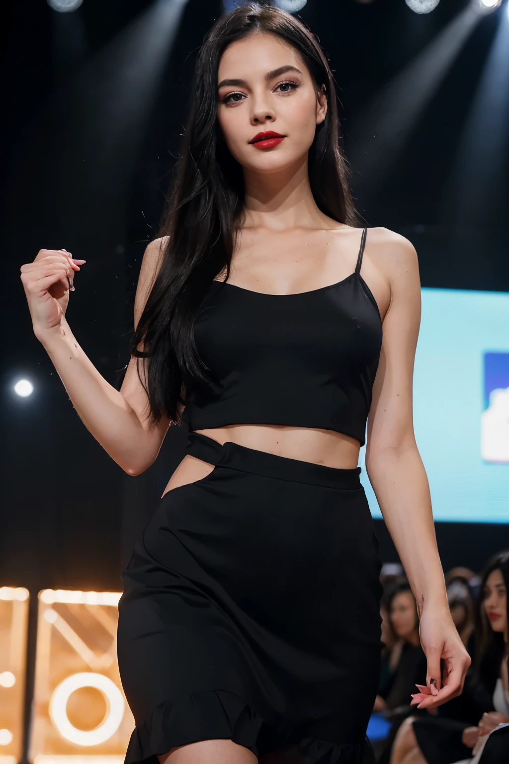 "The girl named Alissa, 29 years old, is a wealthy, energetic woman with blue eyes. She appears youthful with black hair, slanted eyes, thin eyebrows, fair skin, and red lipstick, elegantly posing in sparkling black dresses on the runway, this time in Japan."