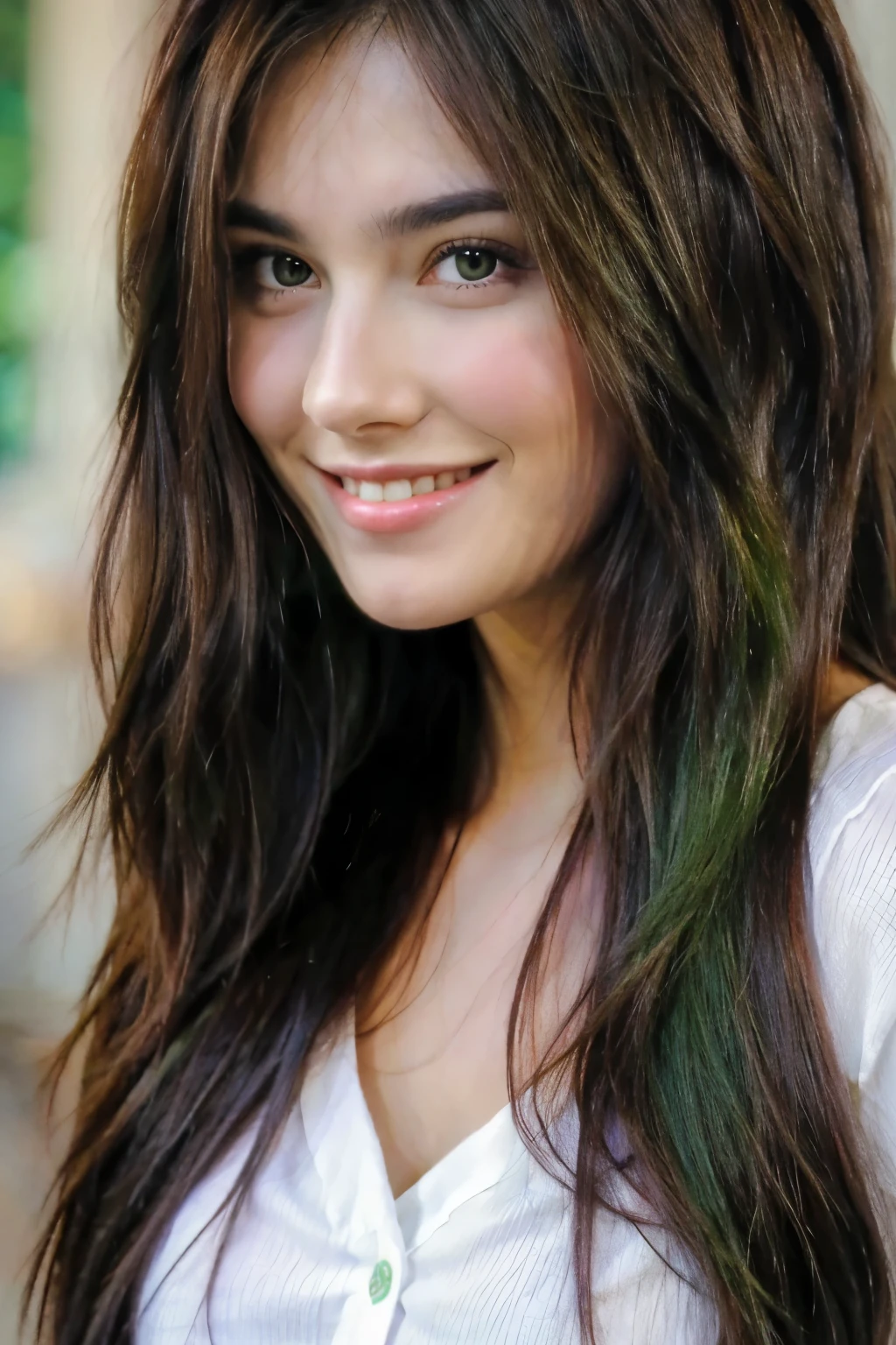 Beautiful brunette smiling, green eyes, long hair, front face