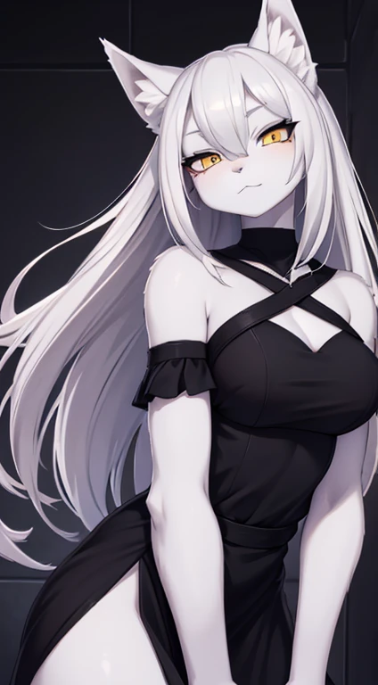 Beautiful Wolf Female, Grey Skin, White Hair, Yellow Eyes, Black Dress