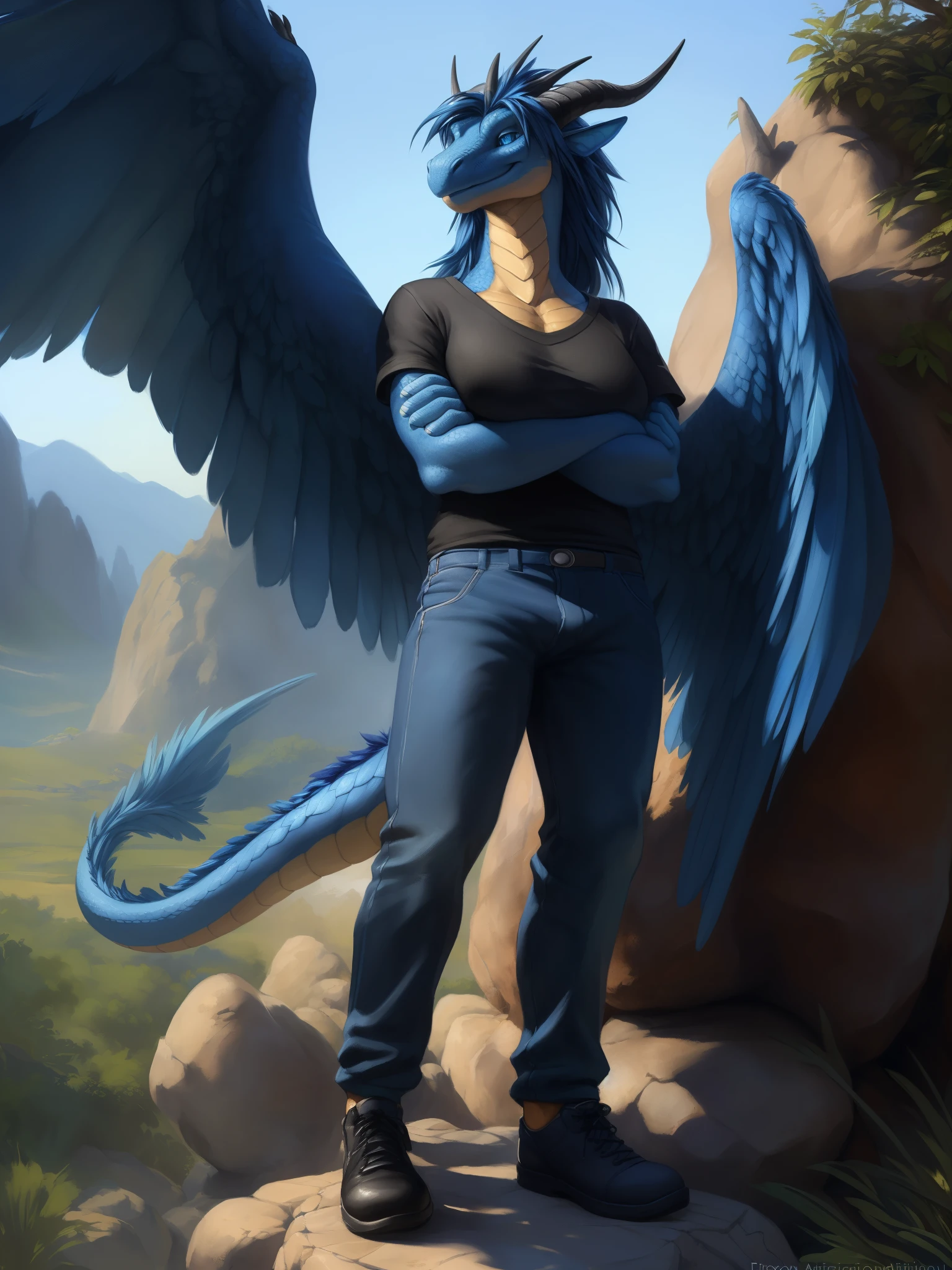 (((solo))), hd, a beautiful and detailed portrait of a big female feral scalie, dragon, saphira, golden skin, blue feathered wings, horn, (((medium breaths, black shirt, blue pants, jewlery, black shoes))) night, template, long hair, dragon hair (((blue hair))) scales, detailed scales, blue eyes (((Dragon eyes)), blue body, big body, big blue feathers, big blue scales, non-mammal breasts, membranous wings, sexy body, shrink body, tan_countershading, tan body, goddess, looking at viewer, kenket, Ross Tran,ruan jia, trending on artstation, foxovh, cenematic lighting, body, full body, looking at viewer, standing, smile, (((crossed arms, against rock))), valley, side view (((front shot))) solo