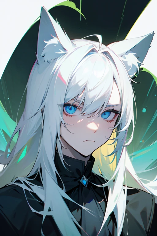 Homem albino, alto, with cat ears on top of the head, olhos verdes, expression serious, cabelos brancos lisos e longos
