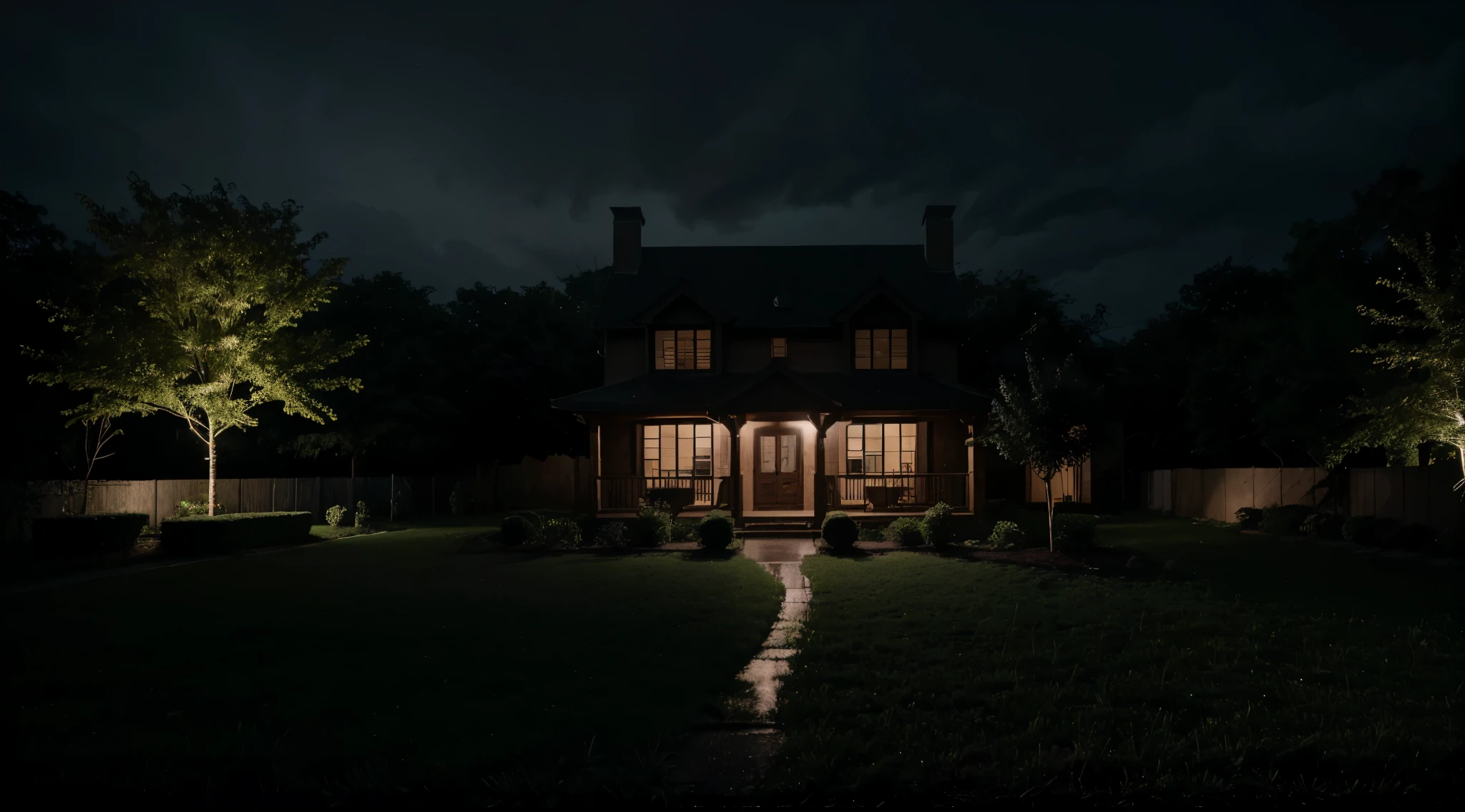 (best quality,highres:1.2),detailed house with a front yard,dark house,no neighbors,night,rain,silhouette of people in the forest,forest in the background