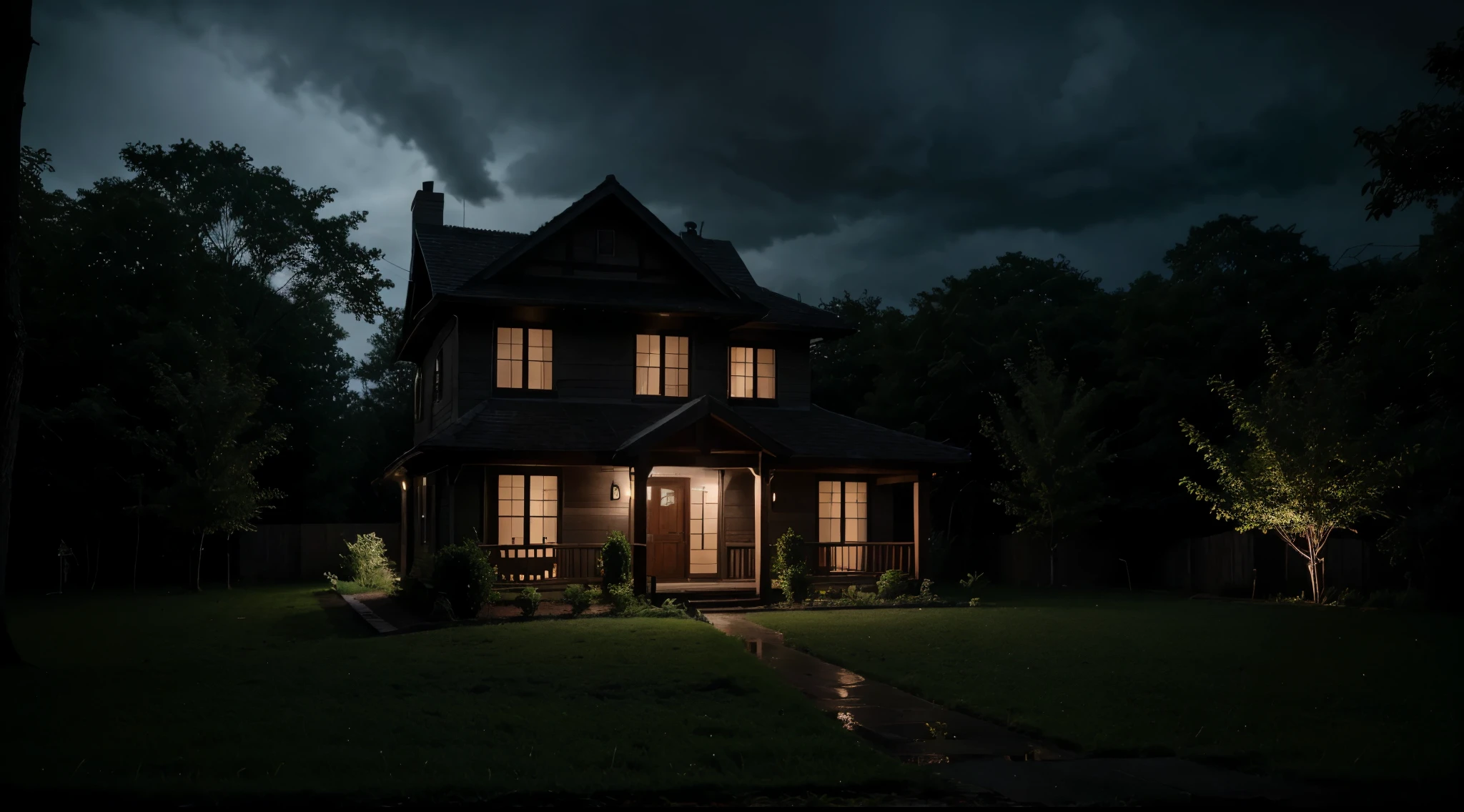(best quality,highres:1.2),detailed house with a front yard,dark house,no neighbors,night,rain,silhouette of people in the forest,forest in the background