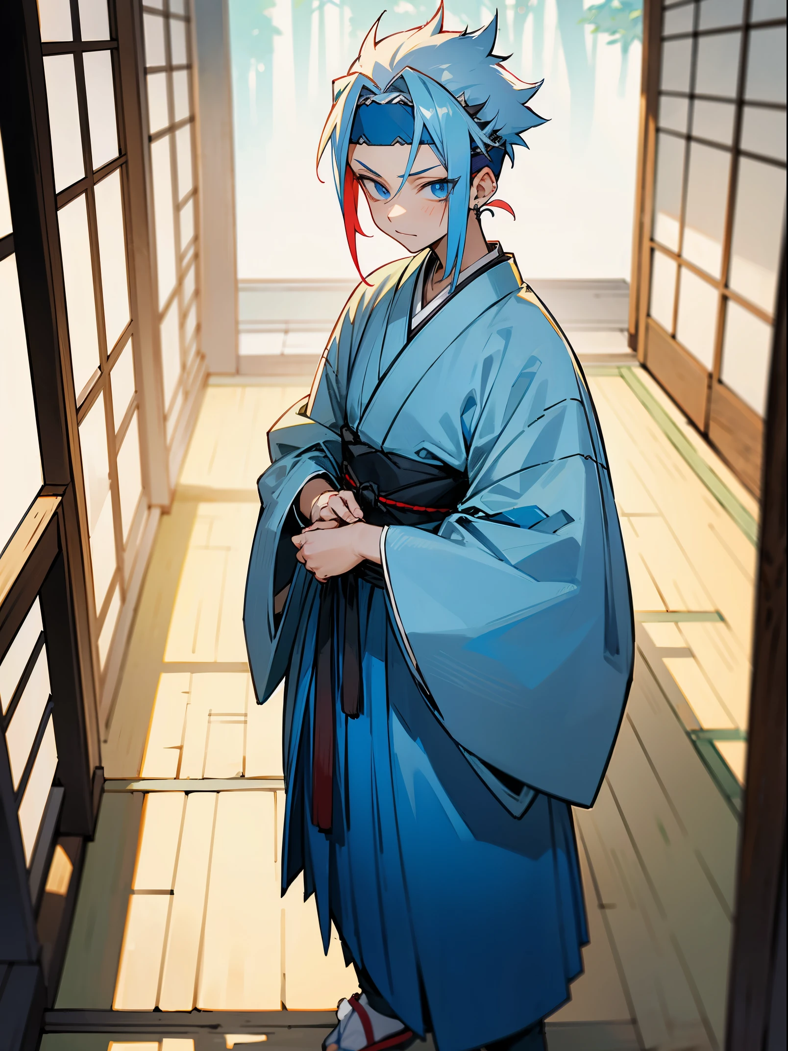 1male, multicolored hair, two-toned hair, blue and white hair, faded short hair, undercut, headband, blue eyes, earring, demon slayer outfit, mizunoto, standing on path, traditional japanese home, happy