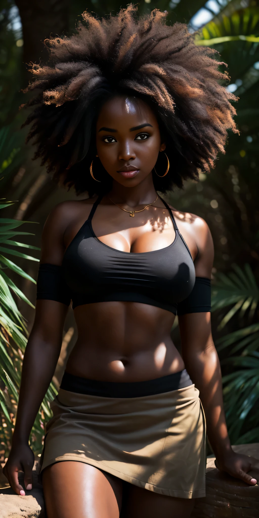 SFW, uploaded on e621, by Pixelsketcher, by Bayard Wu, by Thomas Benjamin Kennington , by Einshelm, solo anthro, ((face portrait)), BREAK, ((mini under boob tee, short skirt)), natural park, ((, showing belly button)), ((massive afro)),(detailed Bonifasko lighting), (detailed skin), (detailed deep ebony skin), (dark skin, ebony, deep ebony), (her own arm holding her own head), BREAK, ((mini under boob tee, short skirt)), ((natural park)), ((facing viewer)), (cinematic lighting), ((detailed background)), ((face portrait view)), (((portrait view))), (half body shadow), [backlighting], [crepuscular ray], [detailed ambient light], [gray natural lighting], [ambient light], (higher detail), [explict content], [sharp focus], (questionable content), (shaded), ((masterpiece), her own arms holding her own head, medium breasts, african girl, African face, African Art, African Art, Commission for High Res, African Art, Art,Sakimichan beautiful, masterpiece, medium breasts, best quality, detailed image, bright colors, detailed face, perfect lighting, perfect shadows, perfect eyes, girl focus, eyes, flawless face, medium breasts, face focus, (massive afro)) African, African girl, dark skin, deep ebony woman, ebony nose, sexy mouth, gaze at the viewer, eyes, 1girl, solo, (masterpiece), (best quality), (illustration), (cinematic lighting), detailed dark skin, balanced coloring, global illumination, ray tracing, good lighting, deep ebony, African, showing breasts, cleavage, looking at viewer, seductive look, SFW