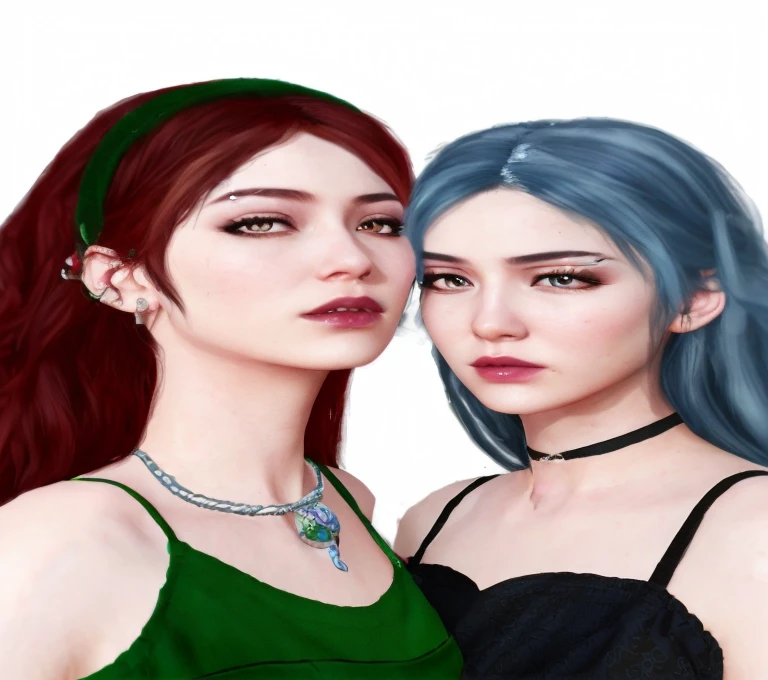 Dos mujeres con cabello azul y piercings posan para una foto., realistic artistic style, realismo artstyle, inspirado por Sim Sa-jeong, Estilo de realismo de anime, in the art style of bowater, inspirado por Wang Duo, Nixeu y Sakimichan, realistic anime artstyle, Estilo anime semirealista, Tendencias en artstration