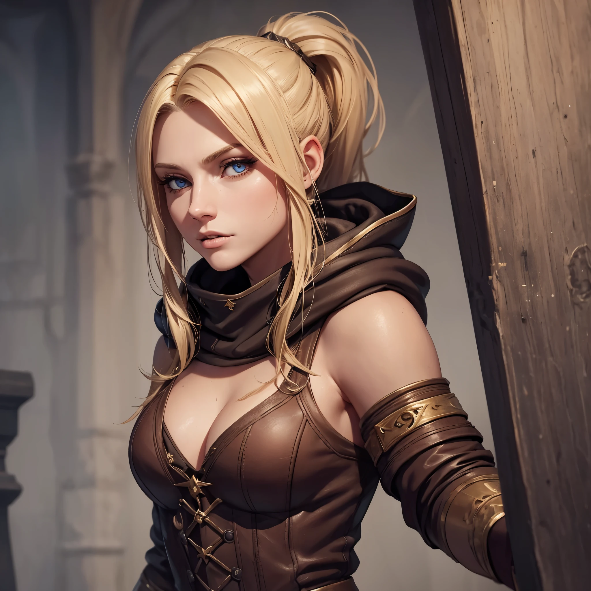 Blonde twenty years old female, European female, mage apprentice, fair but not beautiful, weak, determined, confident, bratty in a magic academy, digital drawing, roleplaying game, dirty, rough, ponytail, shady badass, hood
