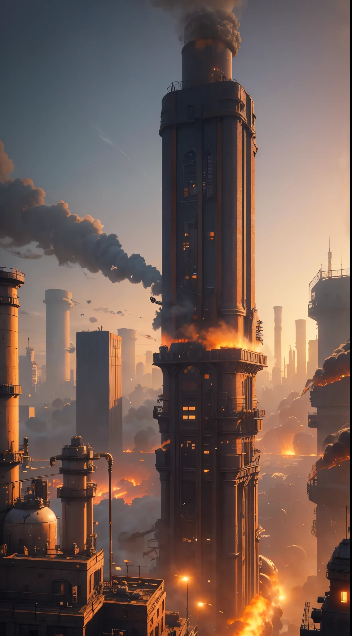 industrial city, surround by wall, steampunk, rusty and heavy, smoke, chimney, factories, gears, machinery, tall buildings, towers, steam power, steam pipes, streetlights, (cinematic lighting:0.8, super detail, bloom)