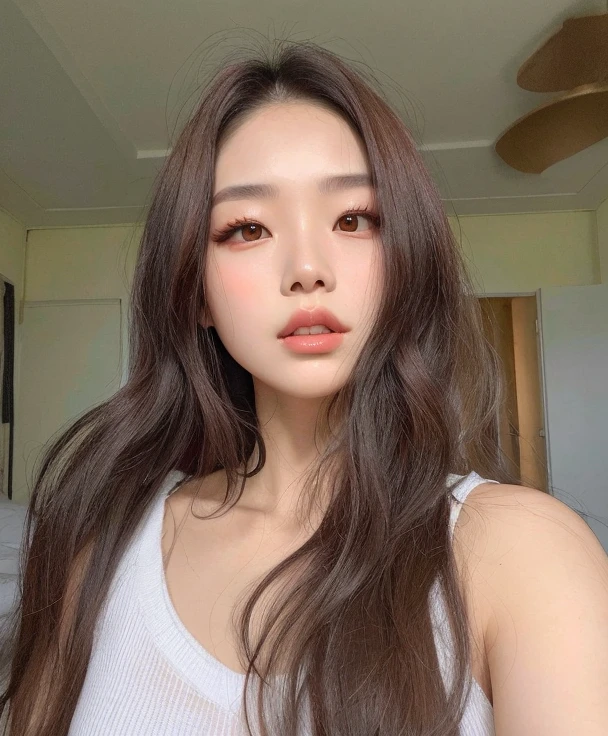 Hay una mujer con el pelo largo y una camiseta blanca sin mangas, Blackpink Jennie, Heonhwa Choe, Hermosa mujer surcoreana, Hermosa joven coreana, Hermosa joven coreana, Joven y adorable rostro coreano, a young asian woman, Gongbi, young cute wan Asian face, Asian face, Gemma Chen, maquillaje popular de Corea del Sur, Jaeyeon Nam, Chica coreana