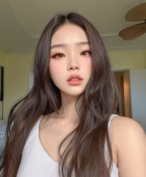 Hay una mujer con el pelo largo y una camiseta blanca sin mangas, Blackpink Jennie, Heonhwa Choe, Hermosa mujer surcoreana, Hermosa joven coreana, Hermosa joven coreana, Joven y adorable rostro coreano, a young asian woman, Gongbi, young cute wan Asian face, Asian face, Gemma Chen, maquillaje popular de Corea del Sur, Jaeyeon Nam, Chica coreana