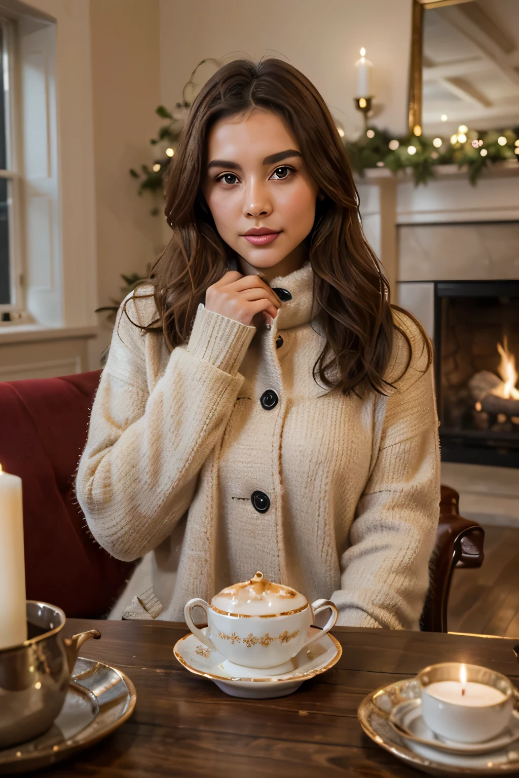 A beautiful girl chooses a chic wool coat with a fur collar, a cashmere sweater dress. A structured handbag adds a touch of elegance. Ambient: The hotel's tearoom is adorned with snowy-themed décor and soft candlelight. Guests enjoy a leisurely afternoon tea, surrounded by the warmth of a crackling fireplace. She has a brown silky hair, big brown eyes, beautiful face, bright facial skin, beautiful hand, impressionless, very beautiful Instagram model, realistic image. Dynamic composition, motion, ultra - detailed, incredibly detailed, a lot of details, amazing fine details and brush strokes, smooth