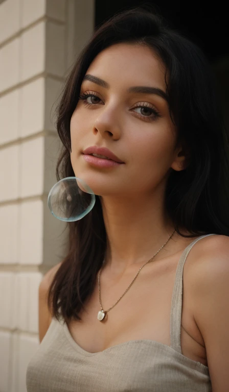 1girl, solo, jewelry, breasts, necklace, cleavage, realistic, black hair, dark braun eyes, looking at viewer, lips, no makeup, long hair, upper body, black hair,slate atmosphere, cinematic, dimmed colors, dark shot, muted colors, film grainy, lut, insane details, intricate details, seductive, in iran, happy, smiling, natural look, wearing hijab, drinking coffee, RAW Photo, DSLR BREAK (kkw-ph1:0.9) BREAK half body portrait of a young 20yo woman, black hair, wearing a summer dress BREAK detailed, blowing bubble gum, green bubble gum professional colorgraded