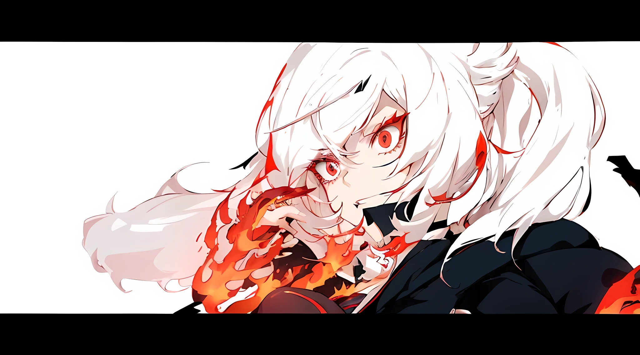 anime character with white hair and red eyes, advanced digital anime art ”, epic anime style, otaku gangasta, anime style”, boku no hero academia style, ryuko matoi, menacing!!!, 2 d anime style, digital anime art!!, || very anime, anime”, very modern anime style, lava!!!, she has fire powers