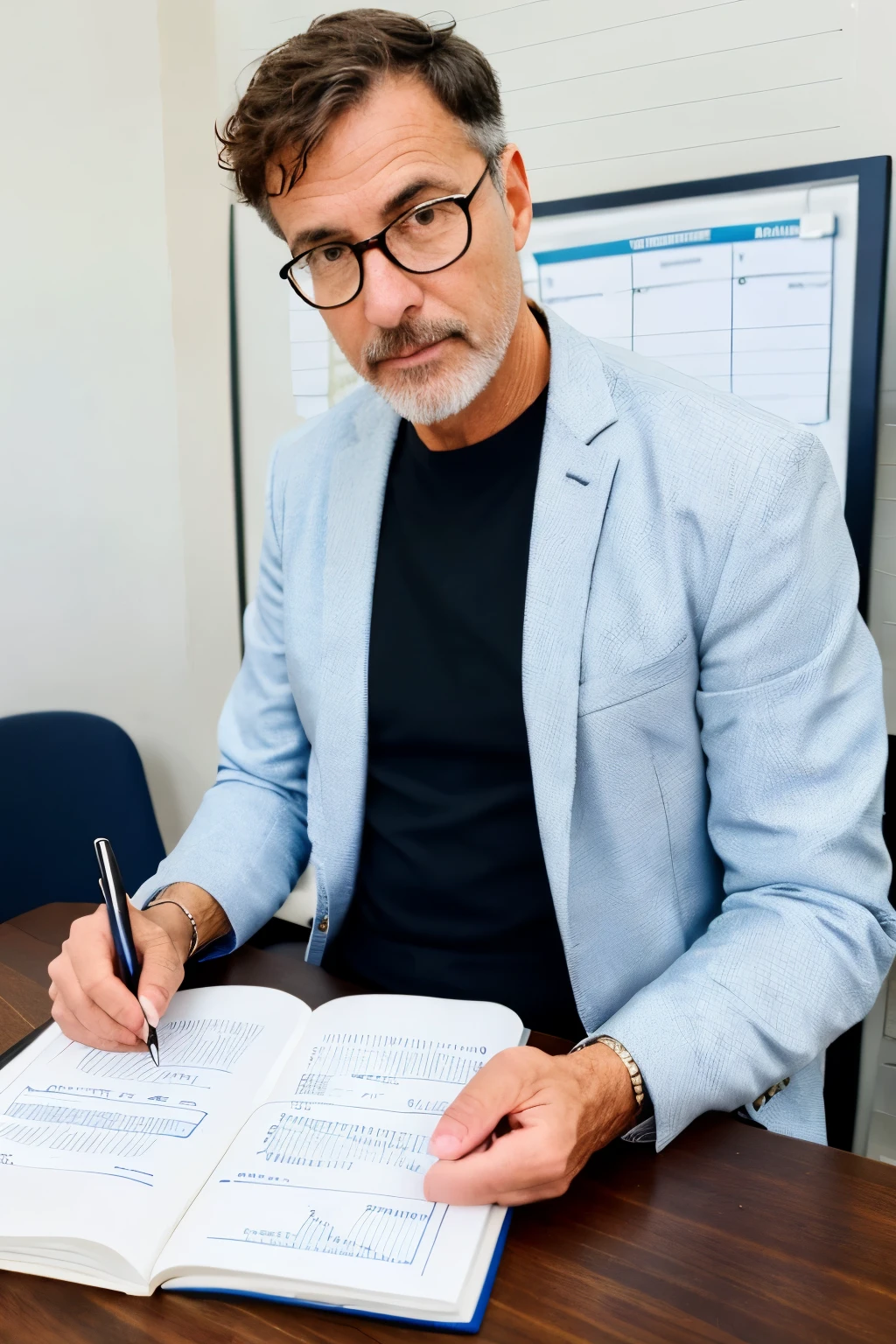 An 50 years old male investor next to a desk, seriously look, wavy short hair, round glasses, dark blue jacket, white shirt, blue canvas trousers, black shoes, a business contract on the table, holding a pen, a whiteboard with business model canvas. ((best quality)), ((masterpiece)), (detailed), perfect face