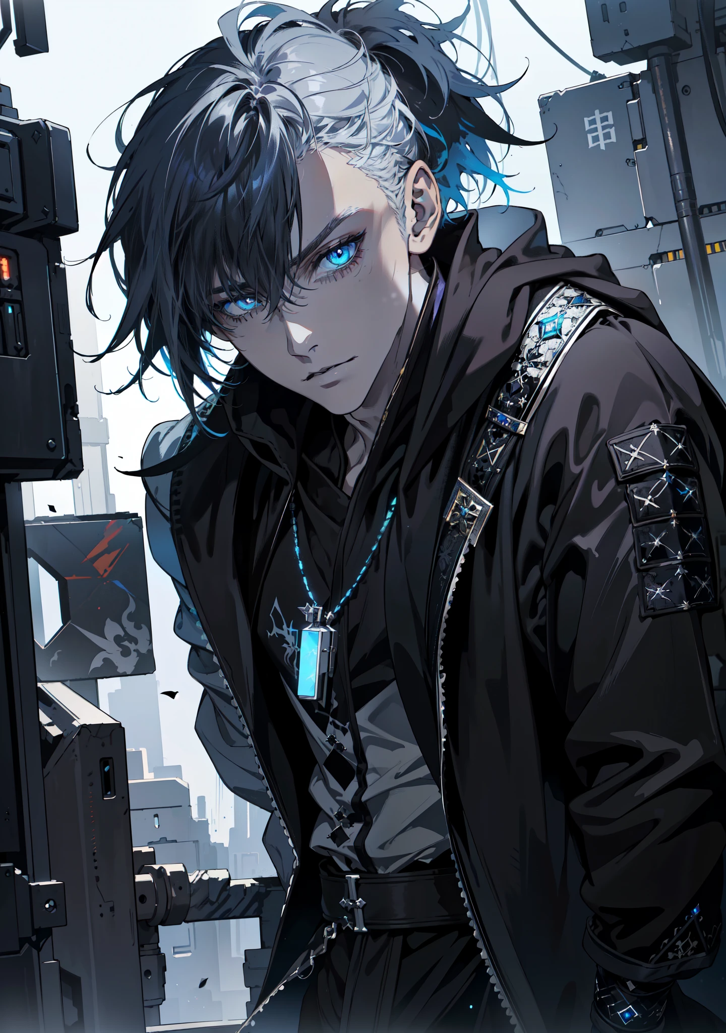 Cyberpunk male, fantasy world, dark background, clean design, epic instagram, artstation, colorful paint splatter, silhouette, hyper detailed intricate details, unreal engine, fantasy, intricate details, splash screen, complementary colors, Fantasy concept art, 8k resolution, deviantart masterpiece, oil painting, heavy strokes, paint dripping, (isolated on white background: 1.3), rainbow skin, (((handsome young man))), ((teenage:1.5) ), (glowing blue eyes), ((light eyes)), ((((short white hair: 1.1))), ((black clothes)), (prince\\(indifferent expression\\),, ( ((Wears high detail luxurious black robe))), white hair, frost magic, ((chest) --v 6