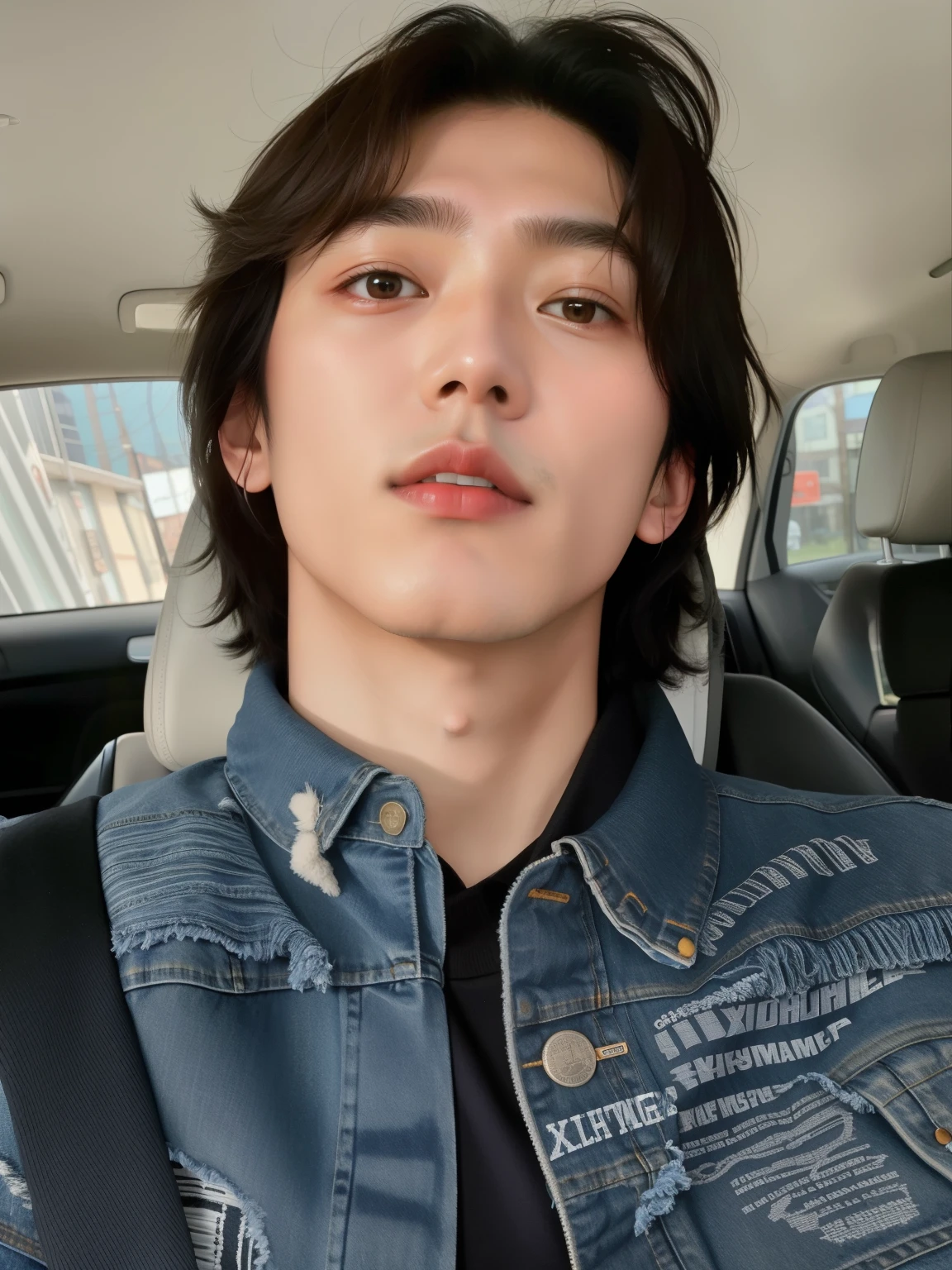 There's a man in a denim jacket sitting in a car, Hyung Tae, TaeJune Kim, Cai Xukun, Jinyoung Canela, Steven Jung, Hong June Hyung, taken in the early 2020s, Araki, XQC, Kim Doyoung, foto de perfil, Jungkook, Hyung Tae kim, Seseon Yoon, brilhante da chuva