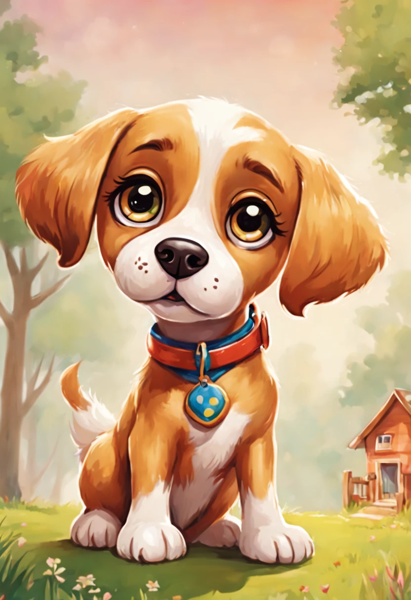 ((perfect piece)), (lots of details), (cute dog with big cartoon-style eyes), ((full body)), (((children's book image)))