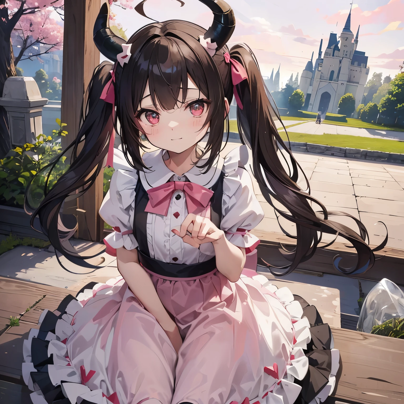 horns grow on the head,corner ???,kawaii girl,前髪ぱっOneん,A dark-haired,Pigtails are in a low position,Pink maid clothes,feel shy,A slight smil,Inside the castle,Begging.brown corner2One,girl with horns,Pigtails are low