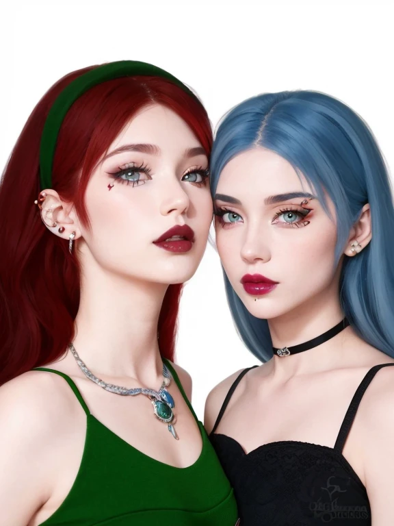 Two girls posing for the camera, one with red hair and amber eyes, the other is blue and tender eyes. Piercings en los labios, cejas y nariz, lunares, piel perfecta, maquillaje notorio y profundo, miradas seductoras