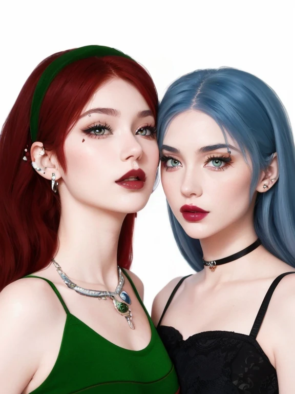 Two girls posing for the camera, one with red hair and amber eyes, the other is blue and tender eyes. Piercings en los labios, cejas y nariz, lunares, piel perfecta, maquillaje notorio y profundo, miradas seductoras