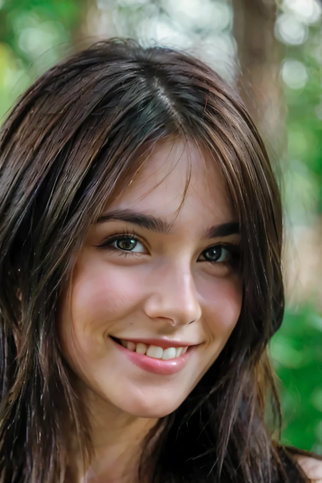 Beautiful brunette smiling, green eyes, long hair, front face
