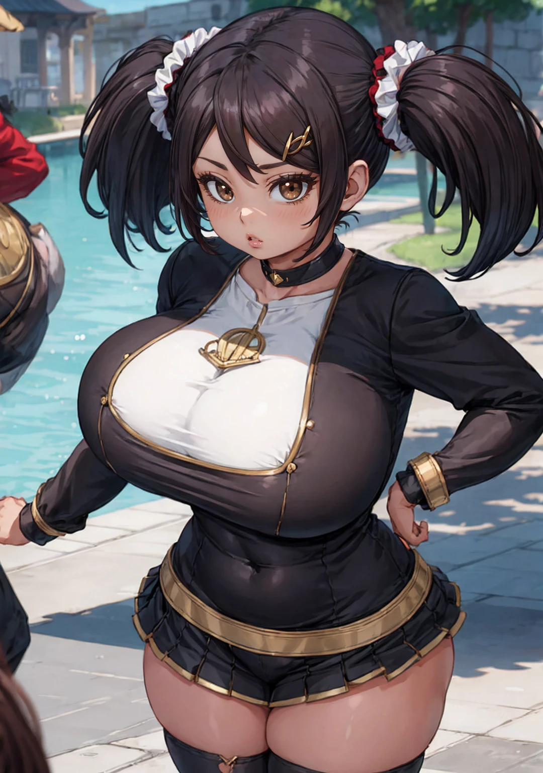 Best resolution, 12K, becky_blackbell_spyxfamily
hair_ornament, female_child, twintails, scrunchie, black_hair, brown_eyes, child, short_twintails, hair_scrunchie, brown_hair, hairclip, massive round fake breasts, thicc body, thick thighs, wide hips, sexy outfit.
